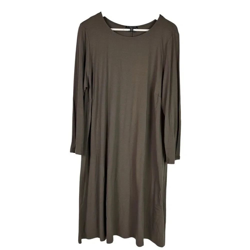 Eileen Fisher 1X Brown Viscose Jersey Shift Dress Long Sleeve